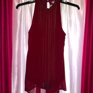 Wine Halter Type Collar Blouse